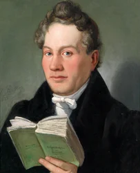 Portræt af den wienske forfatter Christoph Kuffner (1777–1846) med sin bog Hesperidenhain der Romantik